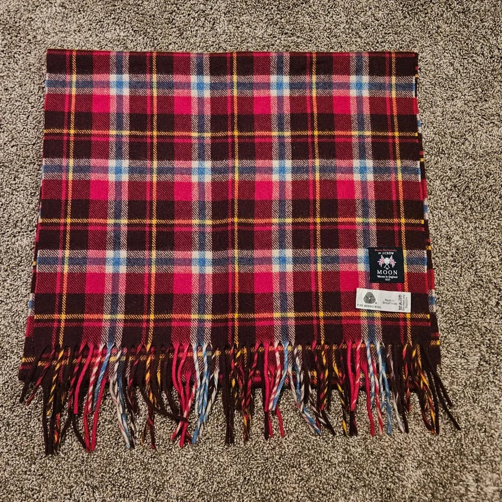 J.Crew Abraham Moon Plaid Scarf Burgundy Merino Wool Fringe Preppy British